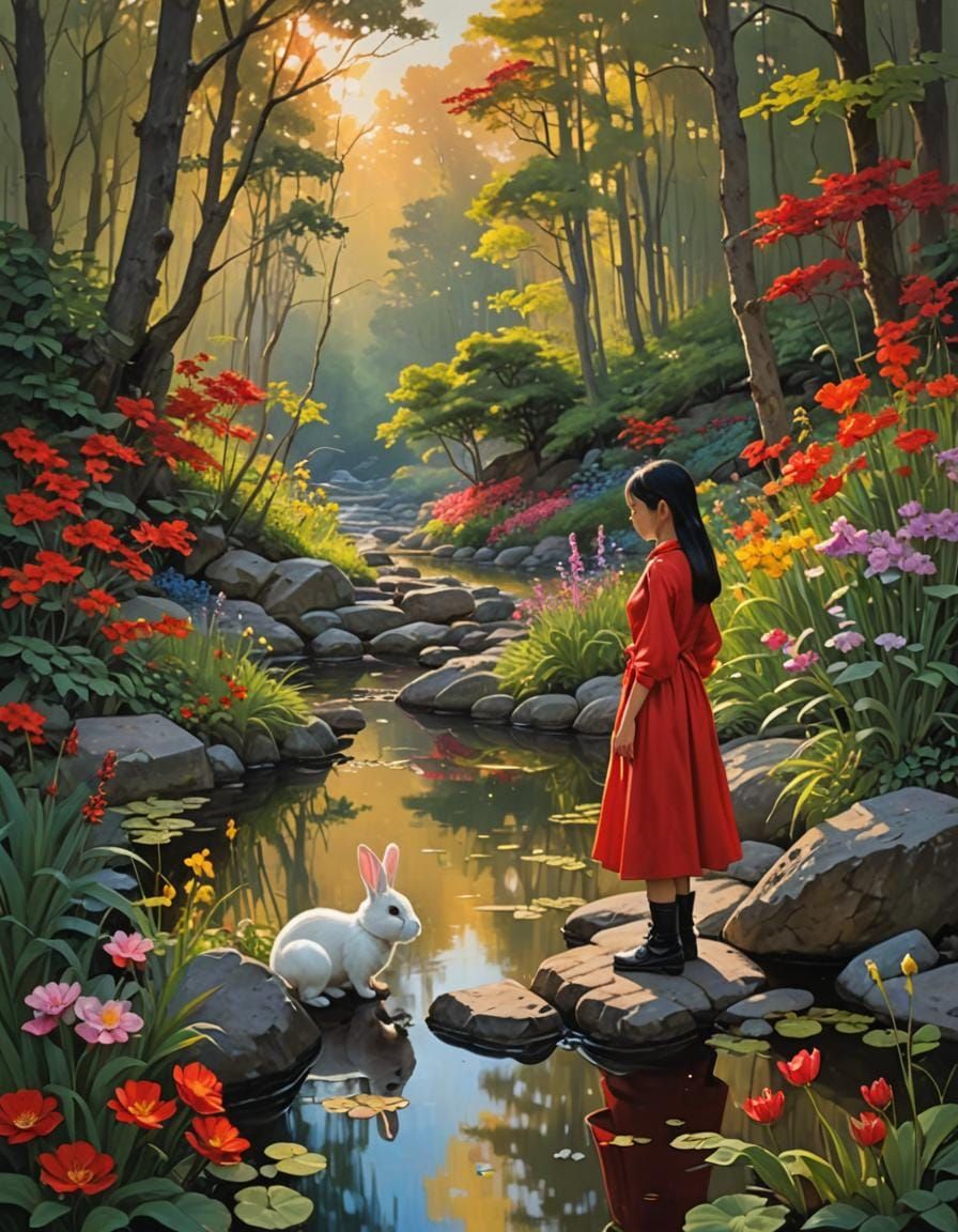 Girl Walks Forest Path at Sunset