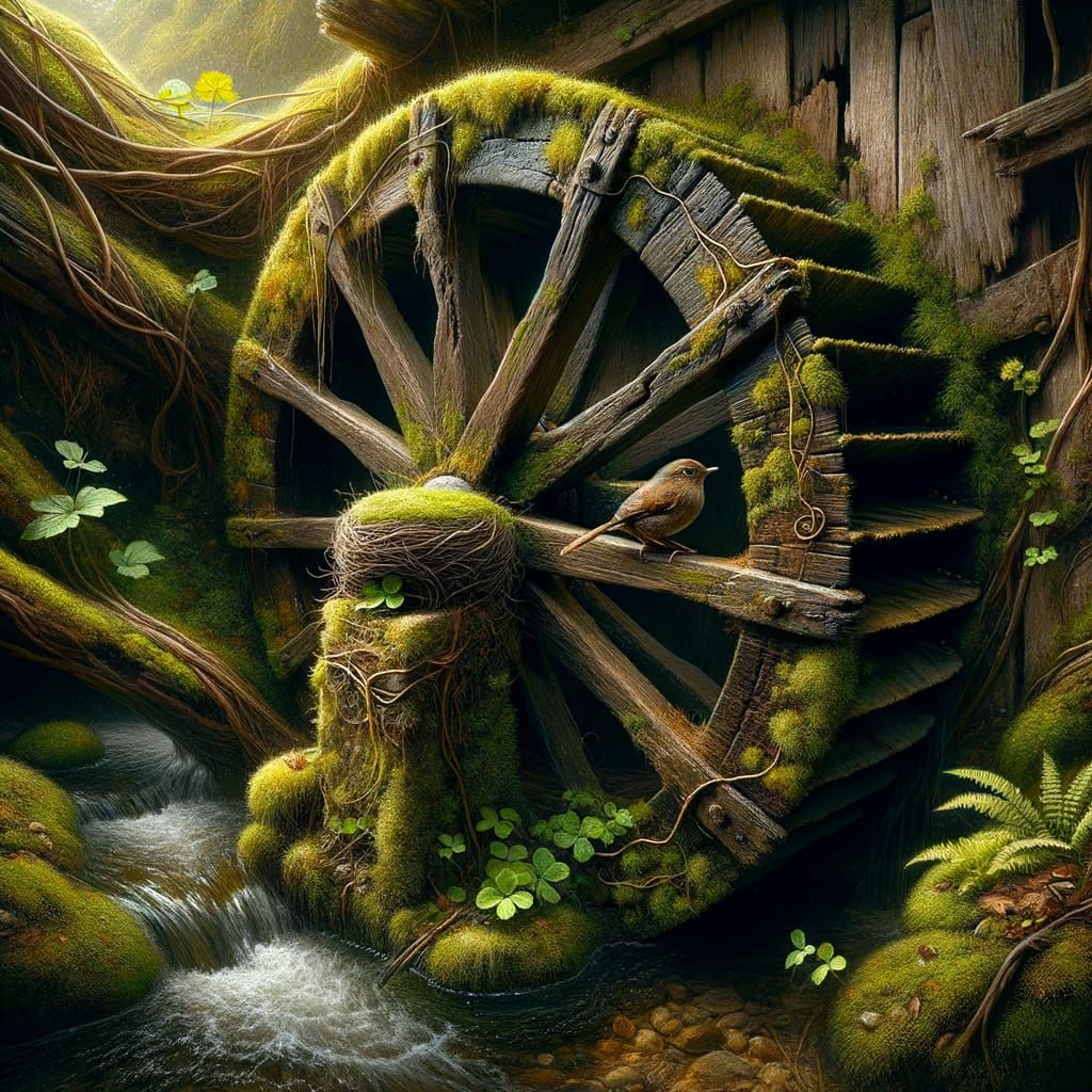 Worn Waterwheel Amidst a Lush Forest Haven