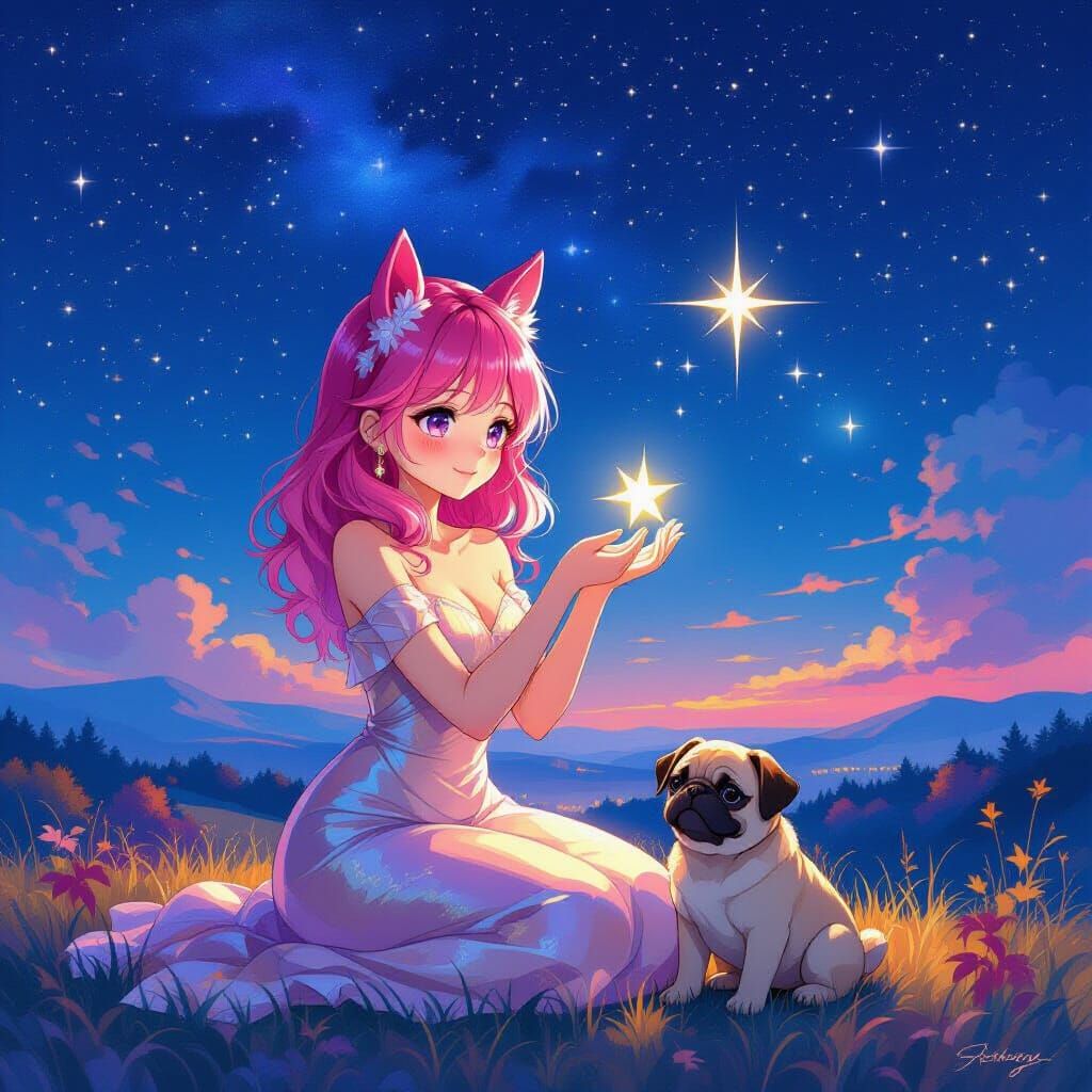 Anime Woman Hugs Star in Impressionist Masterpiece