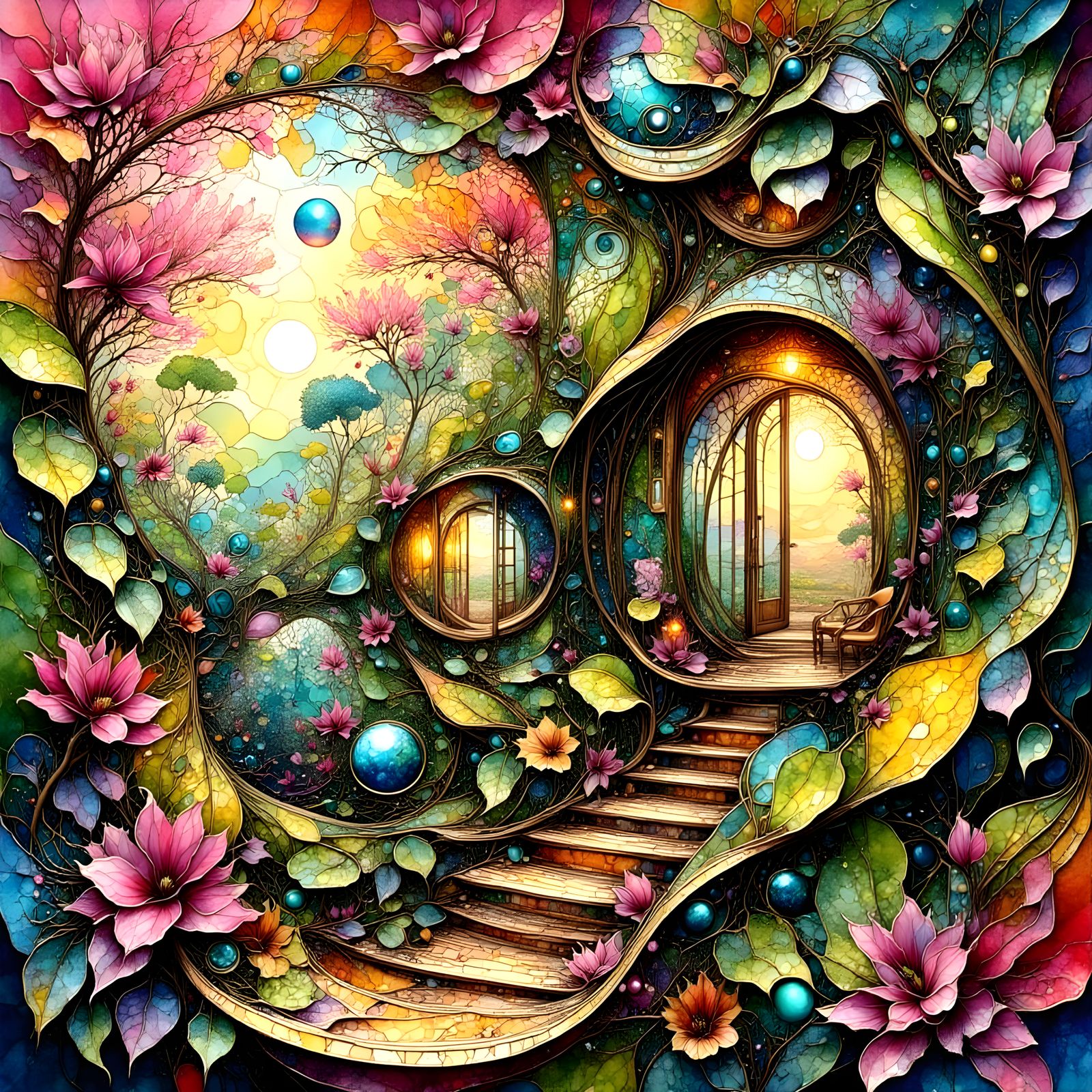 Eco-Shack in Dahlia Forest: A Surrealist Vision