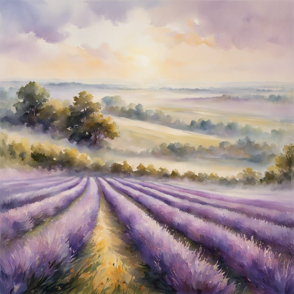 Lavender Field in Soft Focus Watercolour