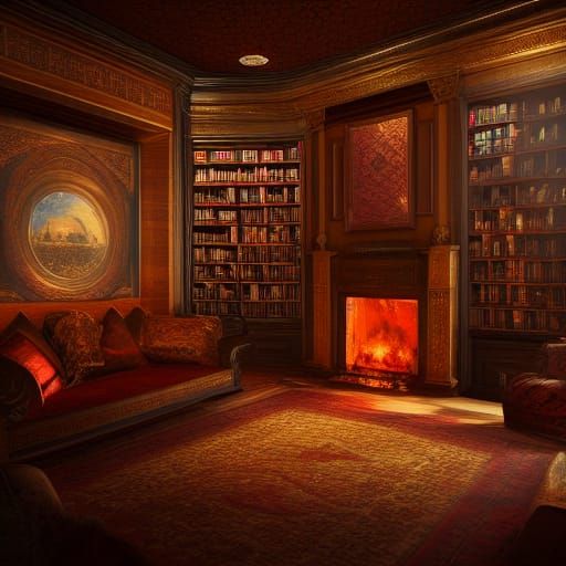 Majestic Library with Fireplace in Detailed Matte Painting