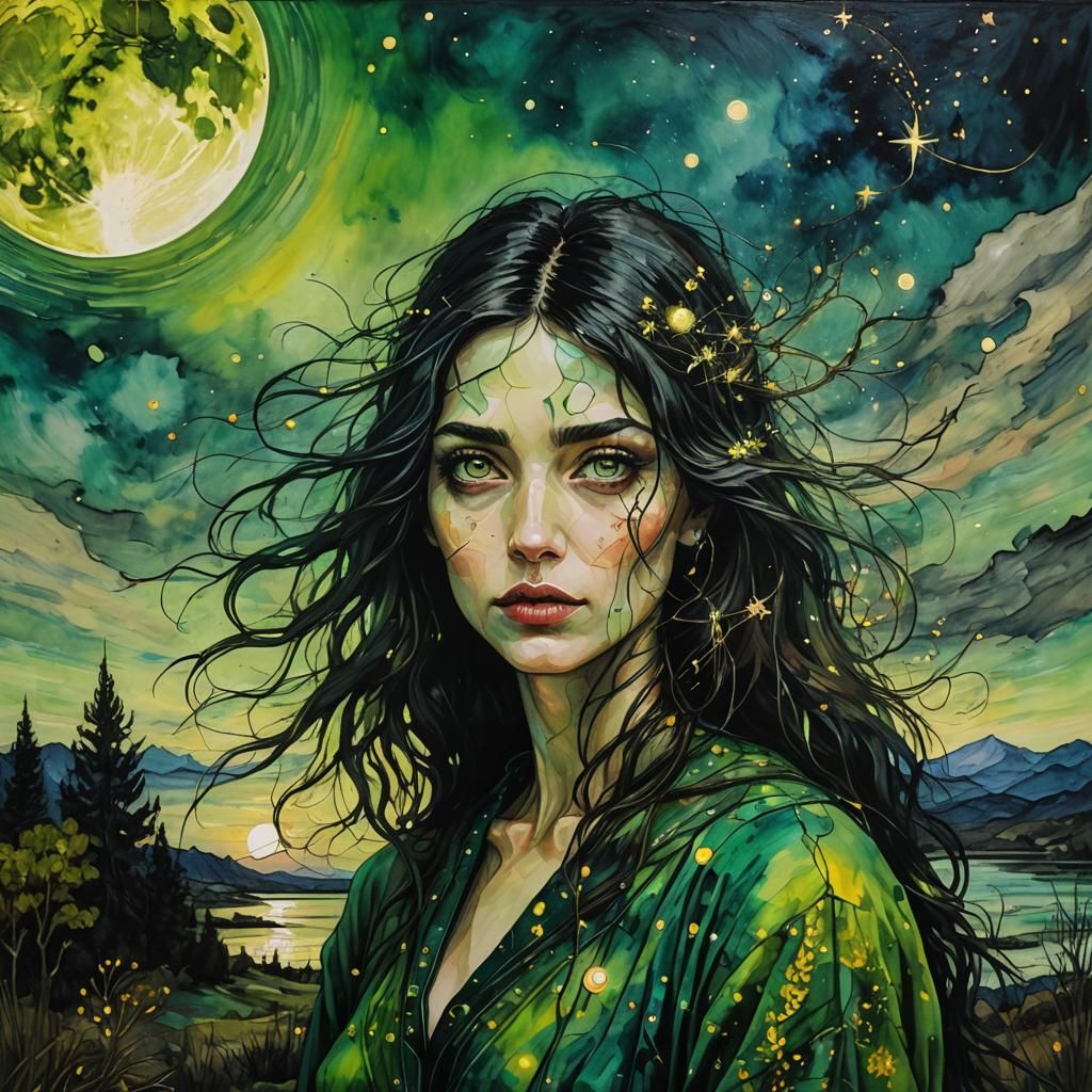 Green-Eyed Woman Under Moonlight in Expressionist Style