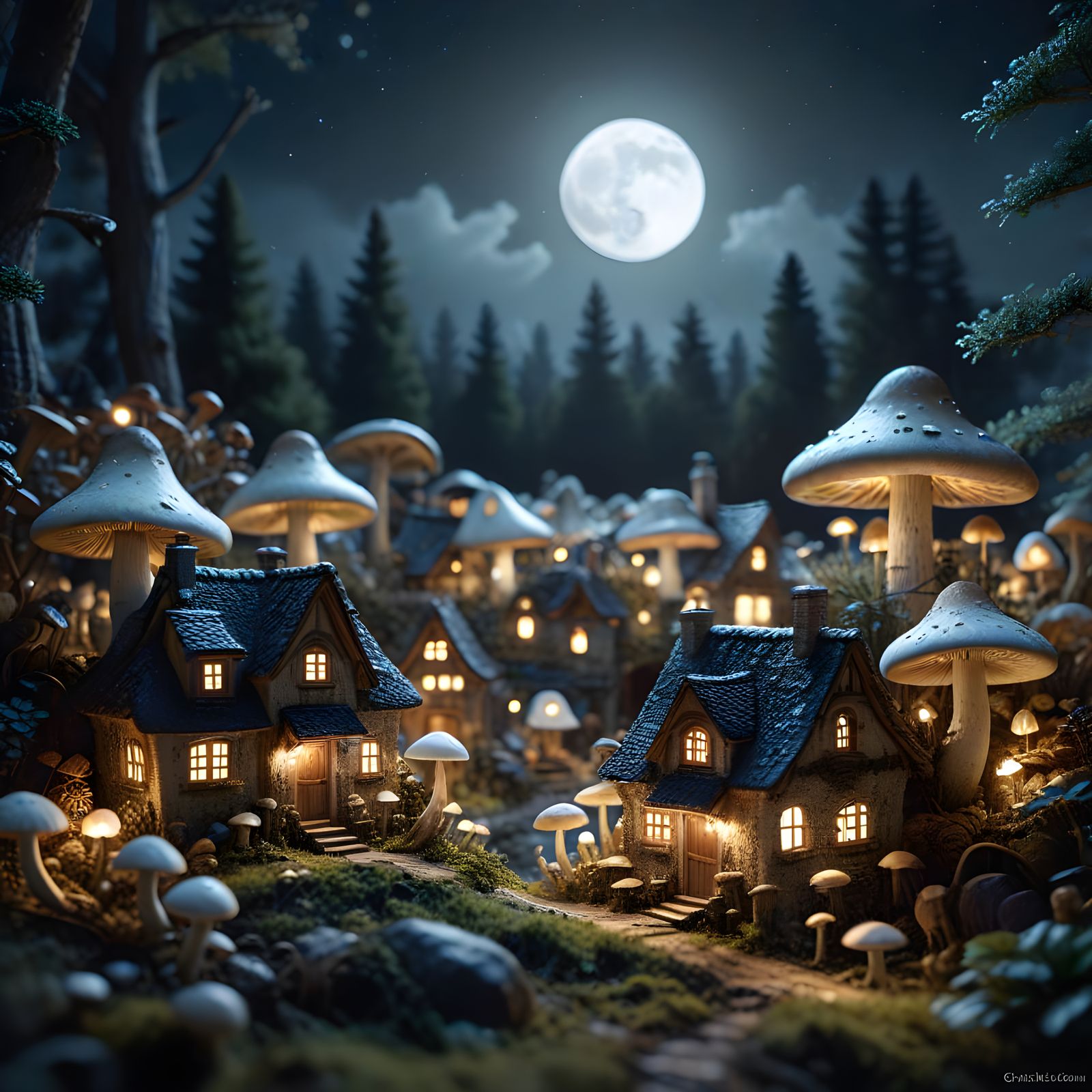 Whimsical Mushroom Village Illuminated at Night