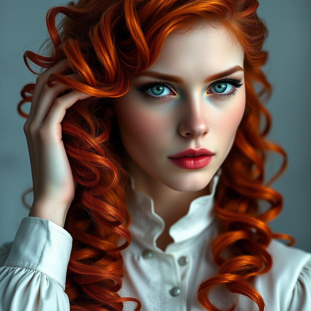 Portrait of a Confident Woman with Fiery Red Hair and Emeral...
