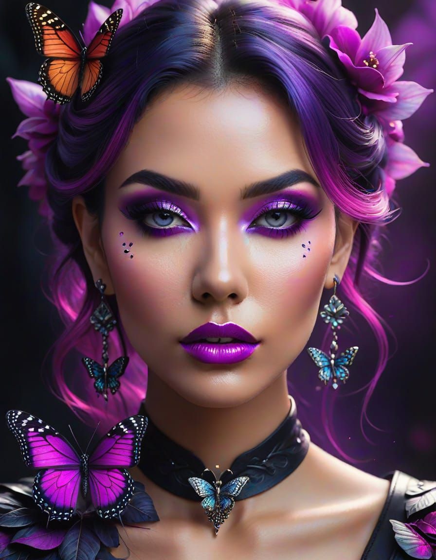Fantasy Portrait of Woman with Ombre Hair and Floral Tattoo