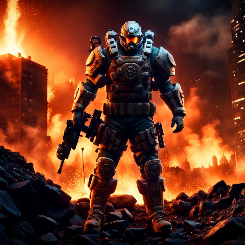 Juggernaut in Burning City: Detailed Matte Painting