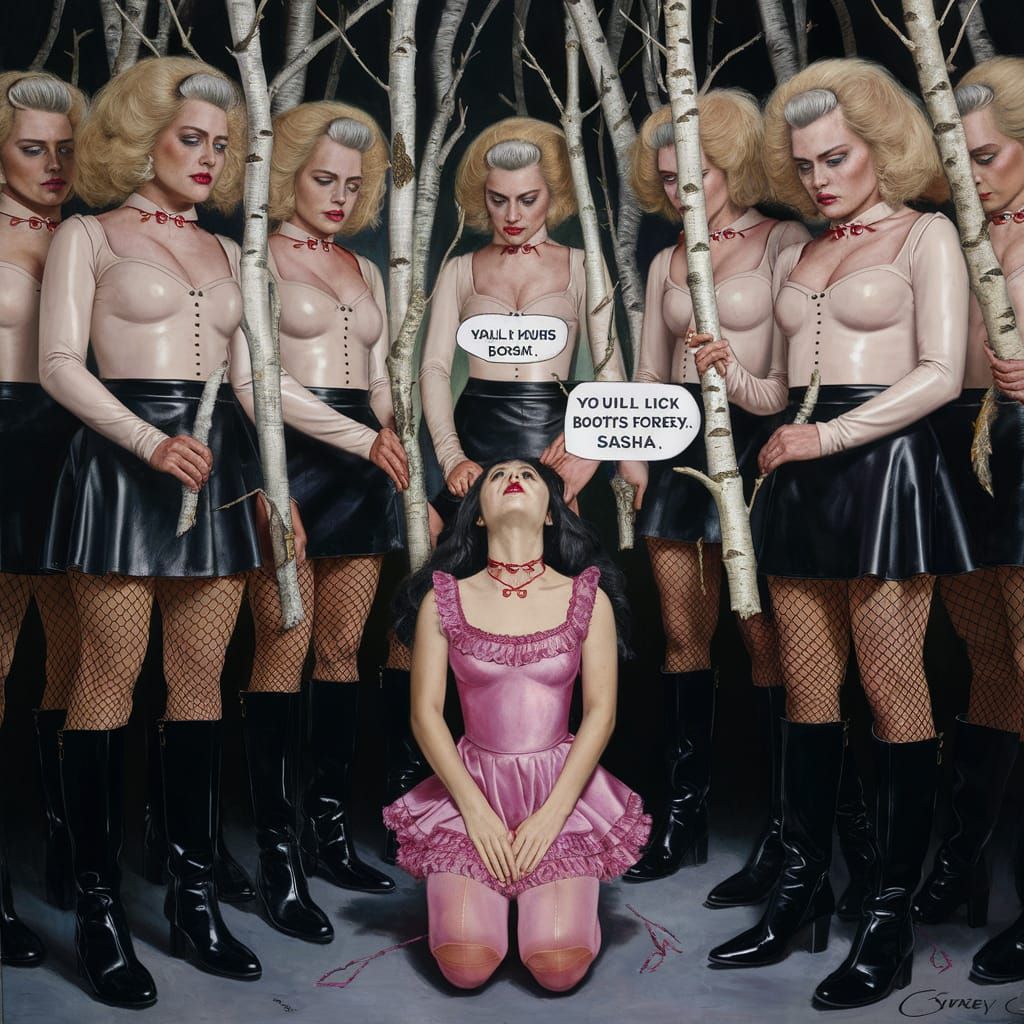 Surreal Oil Painting of Clone Ensemble in Latex and Leather