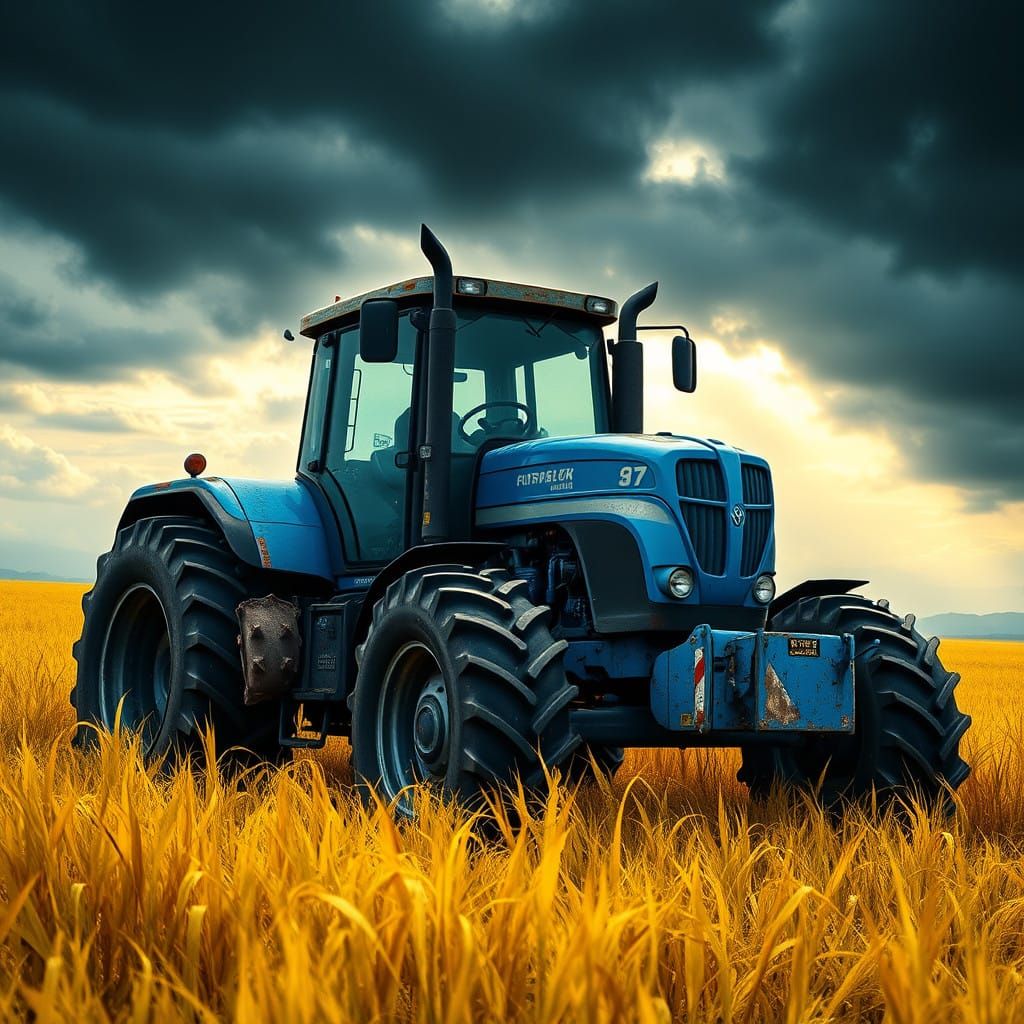 Dynamic Blue Tractor in Turbulent Golden Field