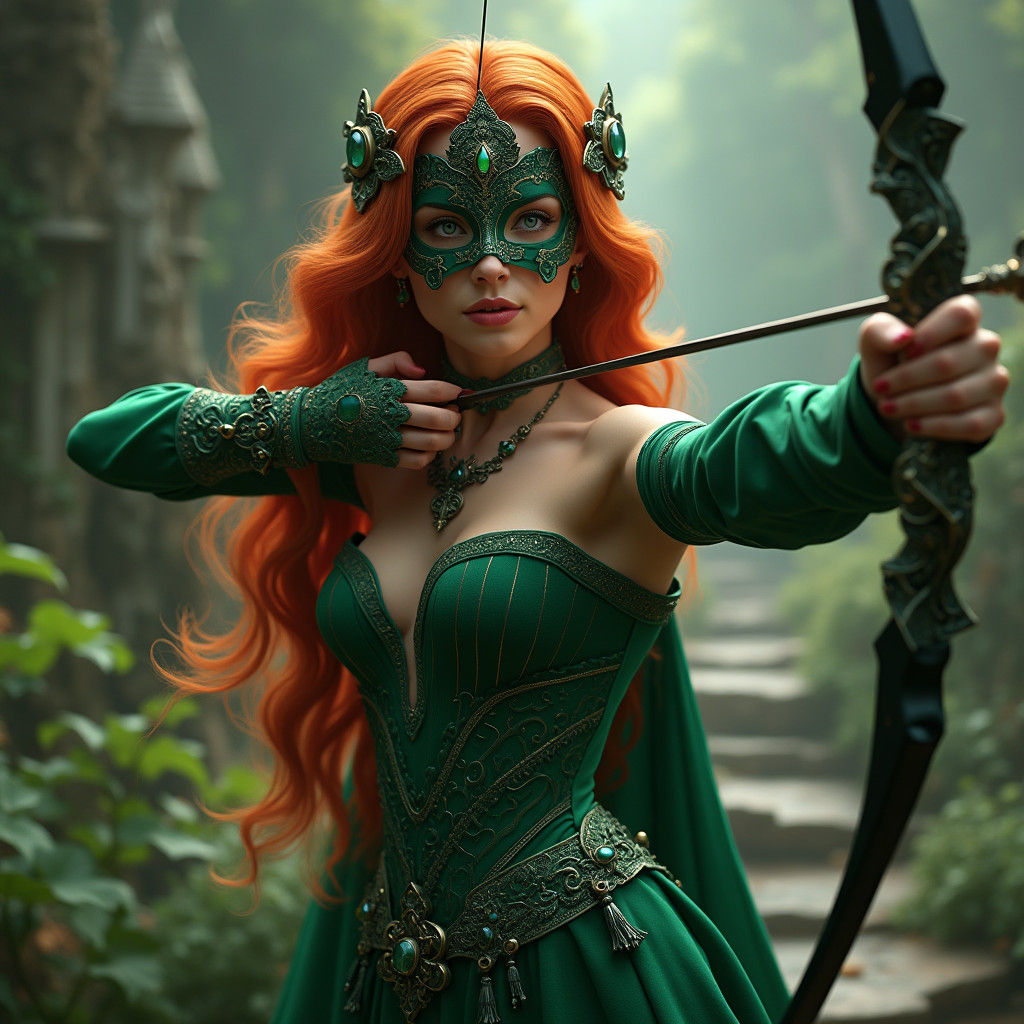 Regal Superheroine in Velvet Dress Ready for Archery