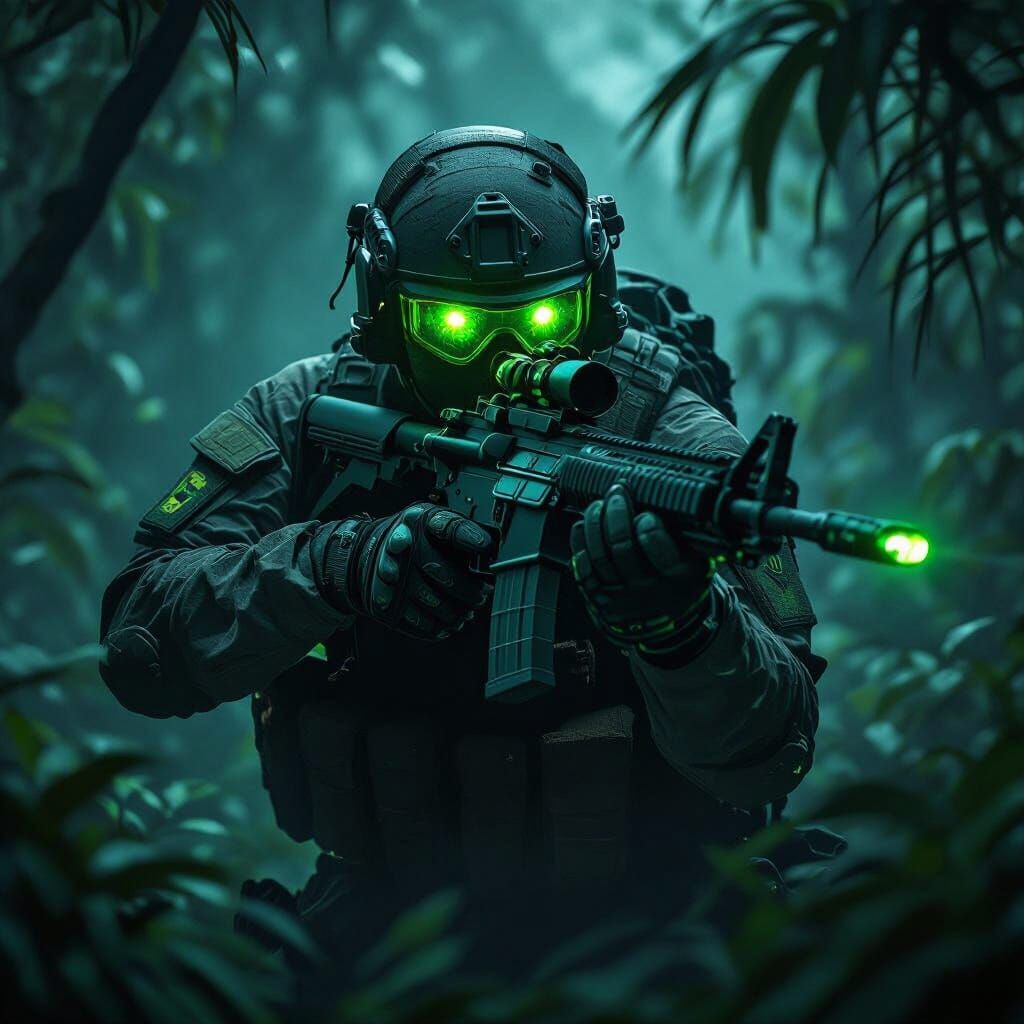 Futuristic Soldier in Jungle Night Vision