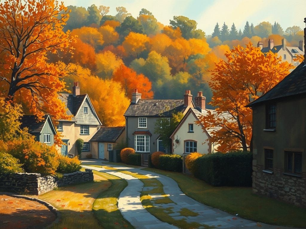 Autumn Village Scene in Dry Brush Style