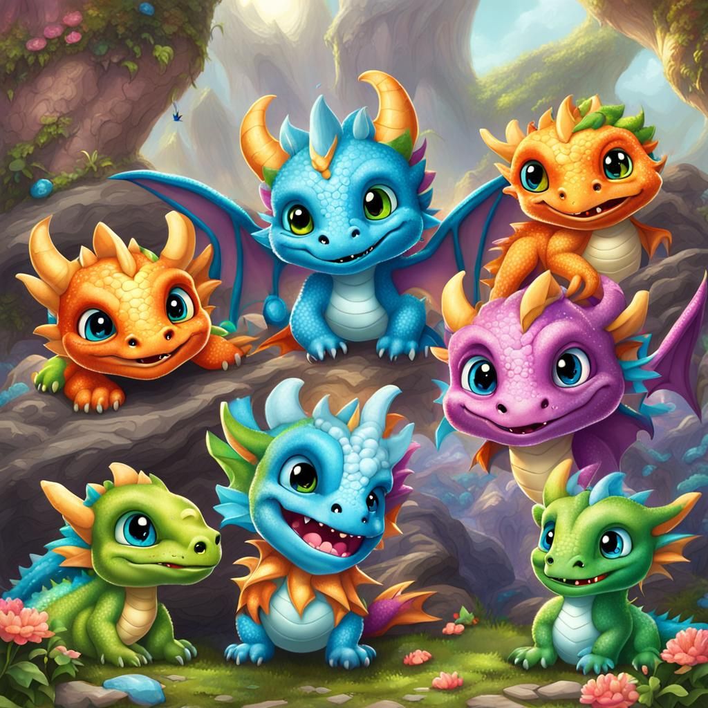 Baby Dragons Playing in Fantasy Land