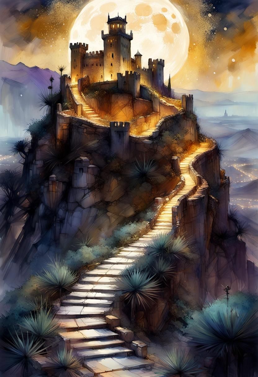 Ancient Castle Footpath in Fantasy Watercolor Style