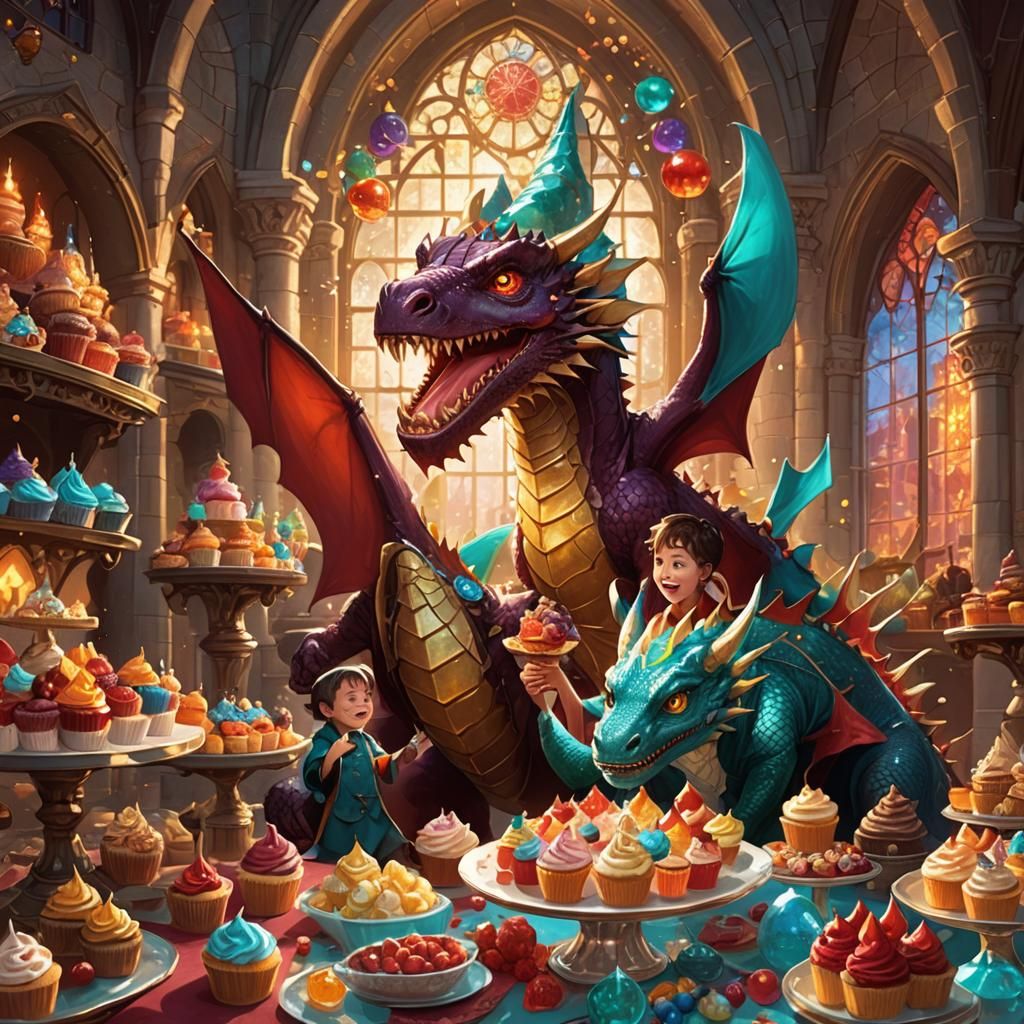 Whimsical Feast: Toddler Wizard and Dragon in Fantasy Art