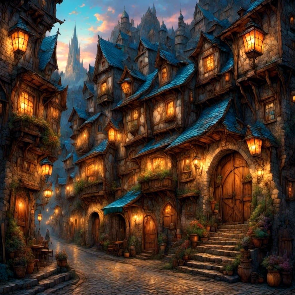 Fantasy City Street Scene at Twilight