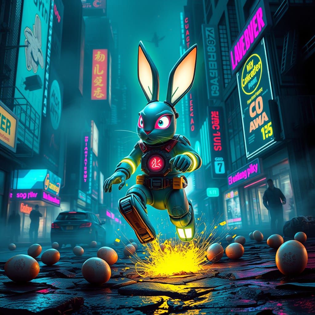 Cyberpunk Easter Bunny Hops Through Neon Cityscape