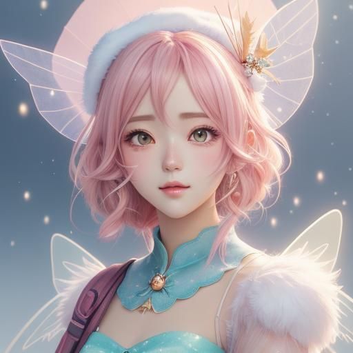 Anime Fairy in Winter Landscape with Lantern