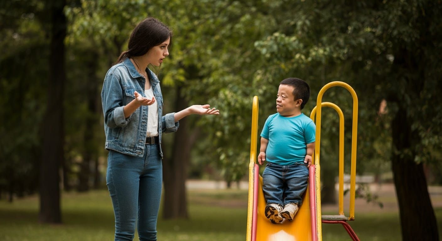 Giantess Girl Engages Short Man on Miniature Slide in Park