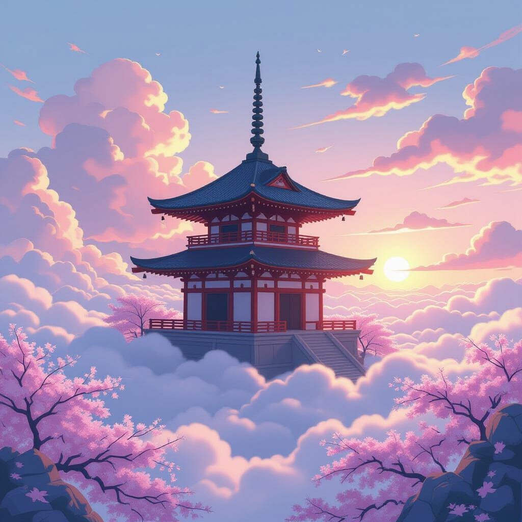 Minimalist Temple Floating in Clouds: Anime-Inspired Japanes...