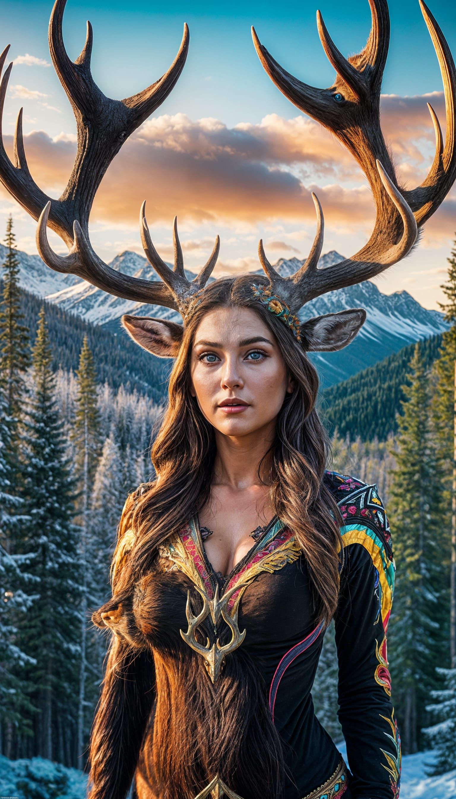 Woman with Elk Antlers in Hyperrealistic Style