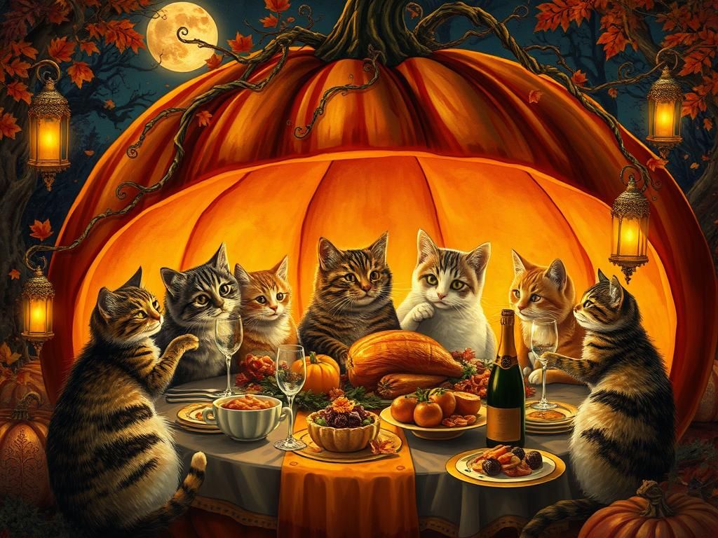 Cats' Autumn Feast in Pumpkin Home