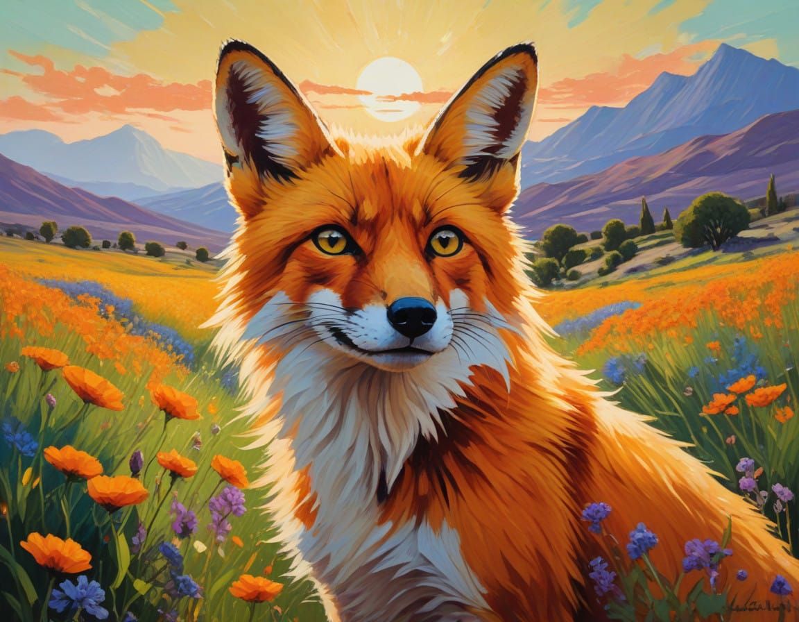 Surreal Desert Fox in Vibrant Neo-Impressionist Landscape