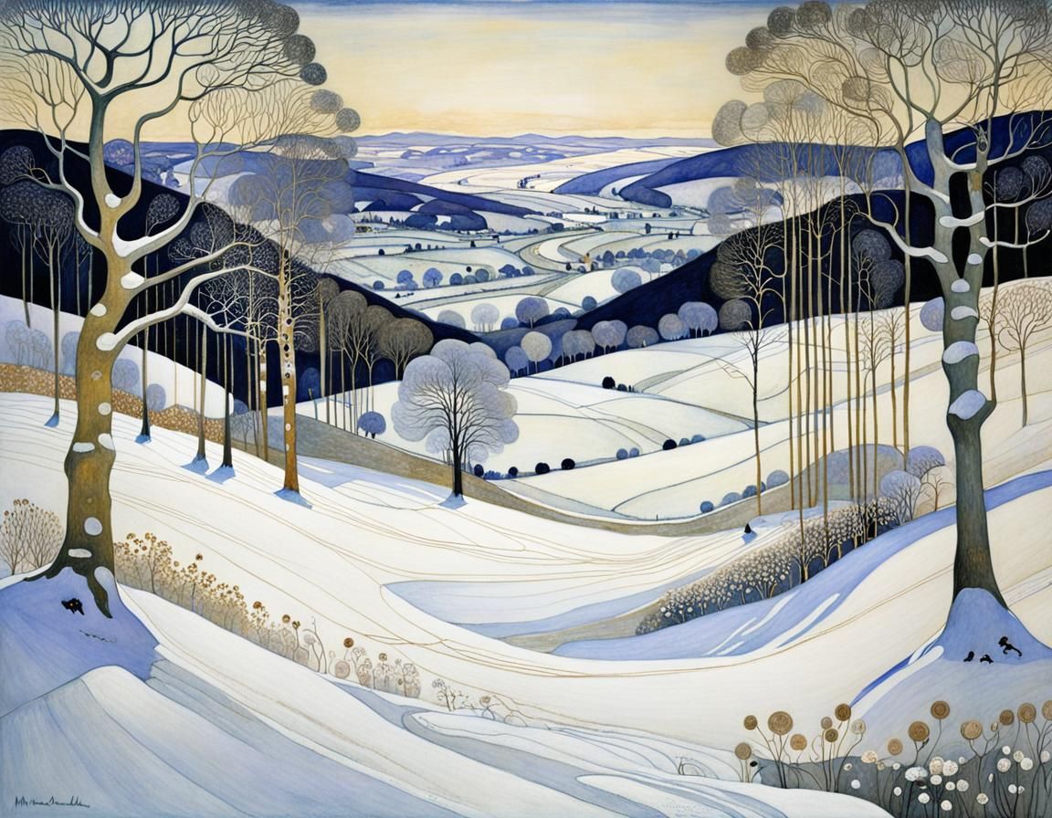Detailed Winter Landscape in Decorative Style