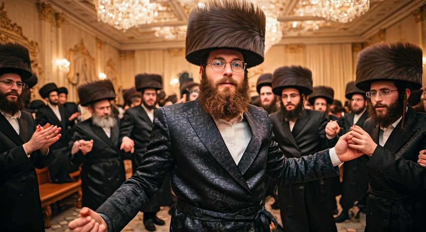 Joyful Hasidic Man Dances at Traditional Jewish Wedding in G...