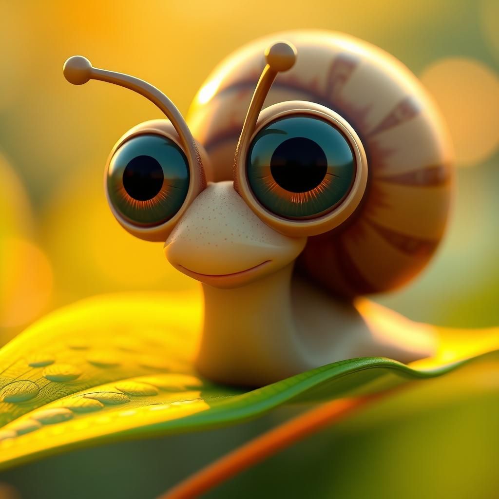 3D cartoon Disney character portrait render. a snail on a green leaf at sunset