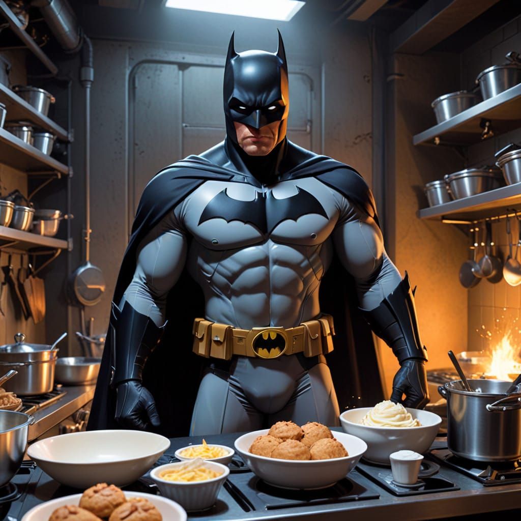 Batman Prepares Perfect Muffins in Modern Kitchen