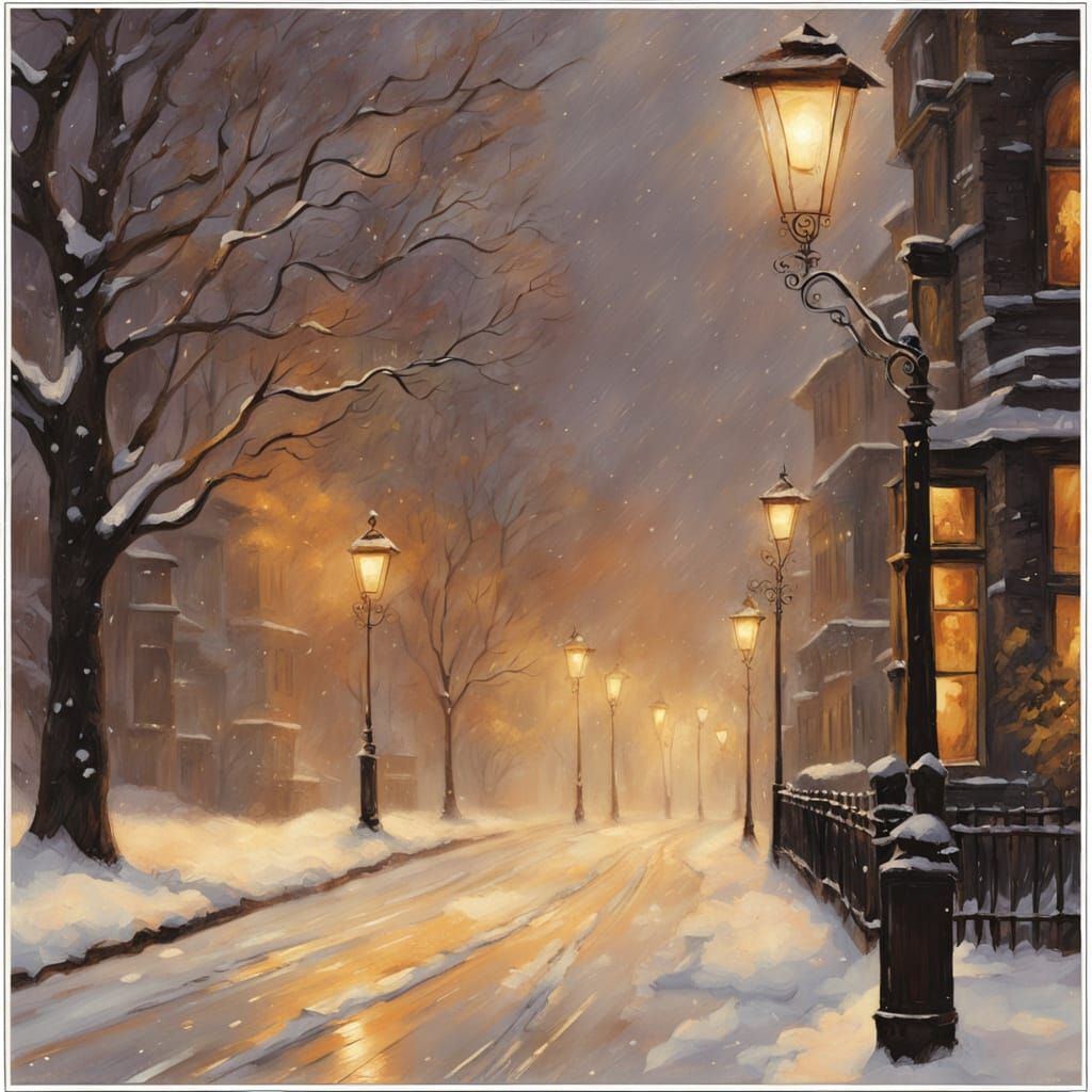 Snowy Lane Illuminated by Amber Street Lamps