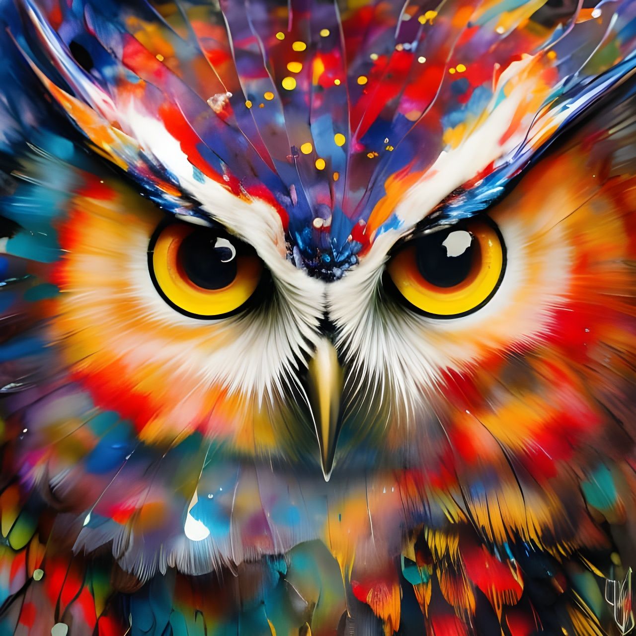 Detailed Colorful Owl with Marbling and Oil Effects