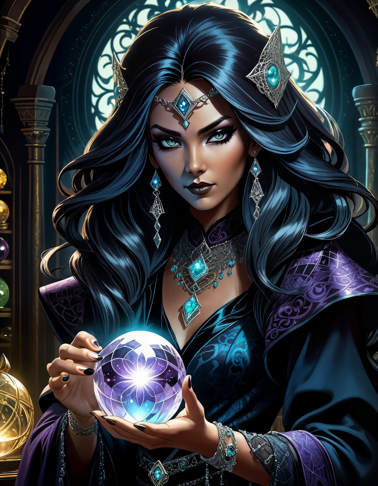 Occult Sorceress with Crystal Ball in Graphic Novel Style