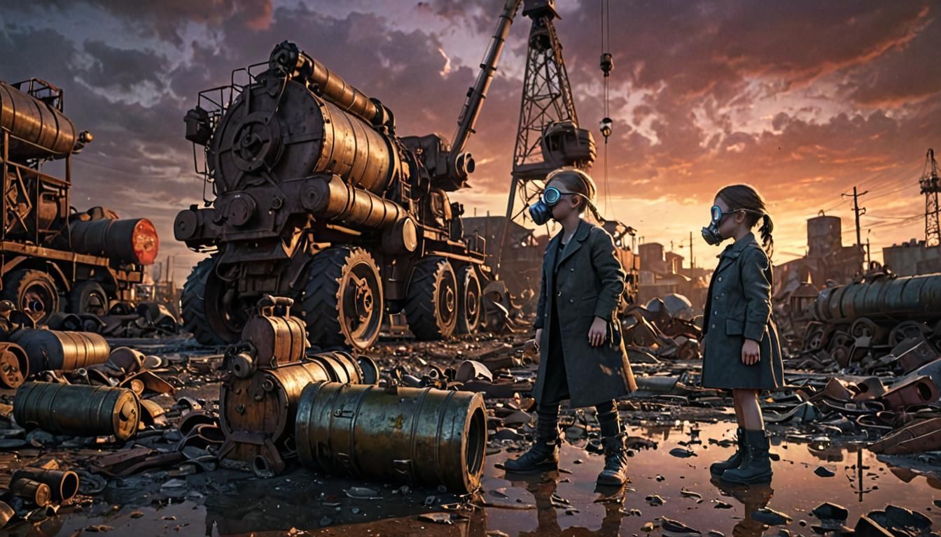 Dieselpunk Port Scene with Children in Gas Masks