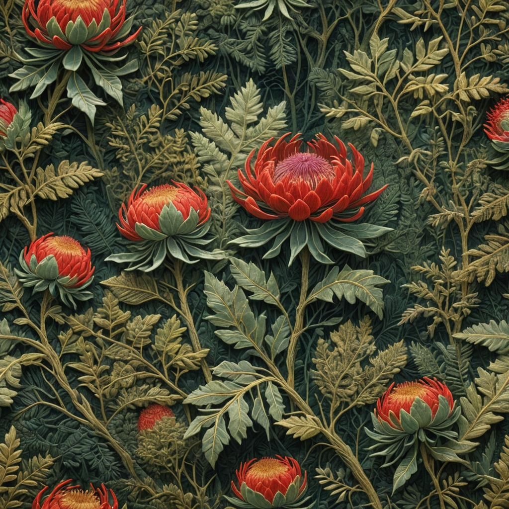 Embroidered Waratah Close-Up: Fantastical Forest Detail