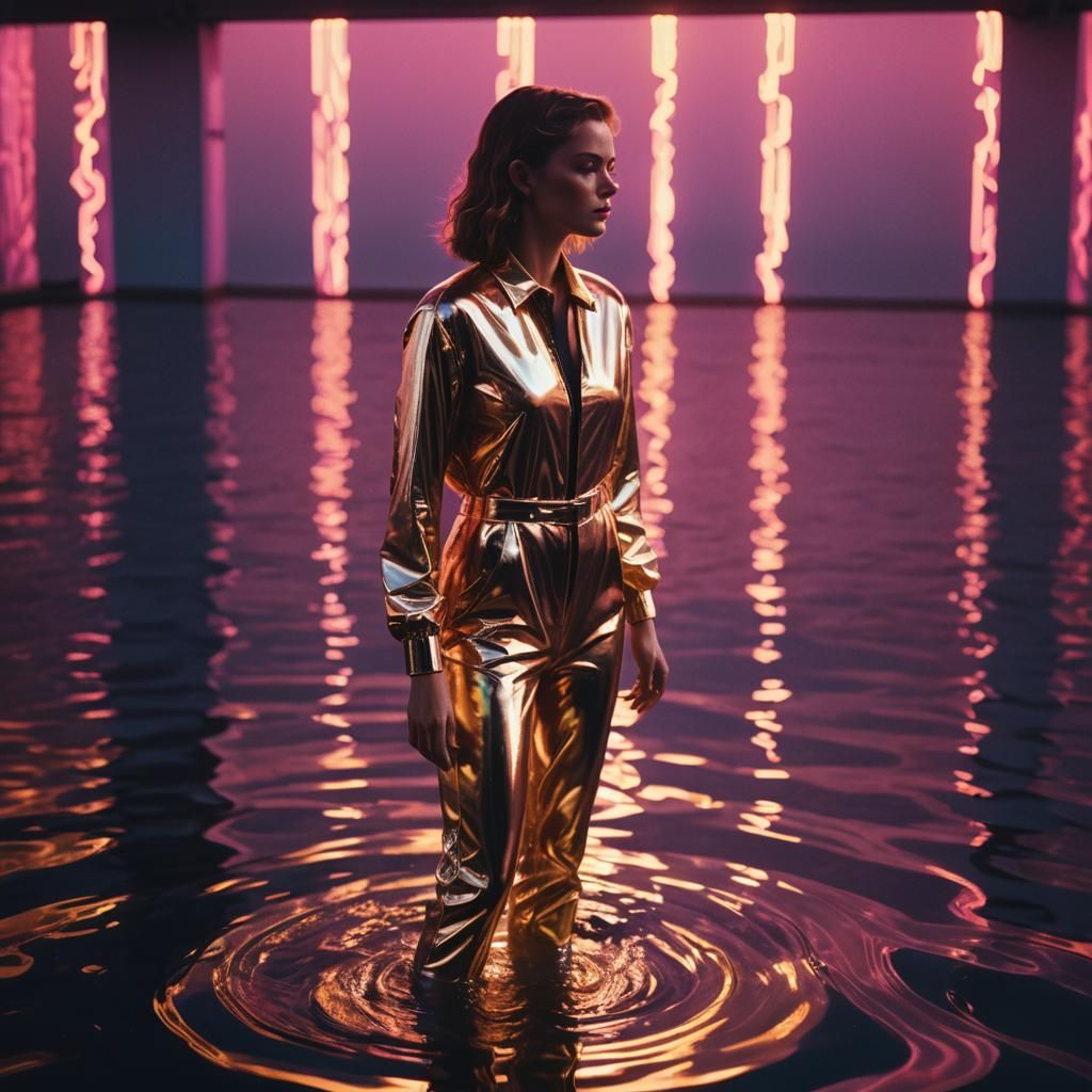 Neon Synthwave Woman at Golden Pool