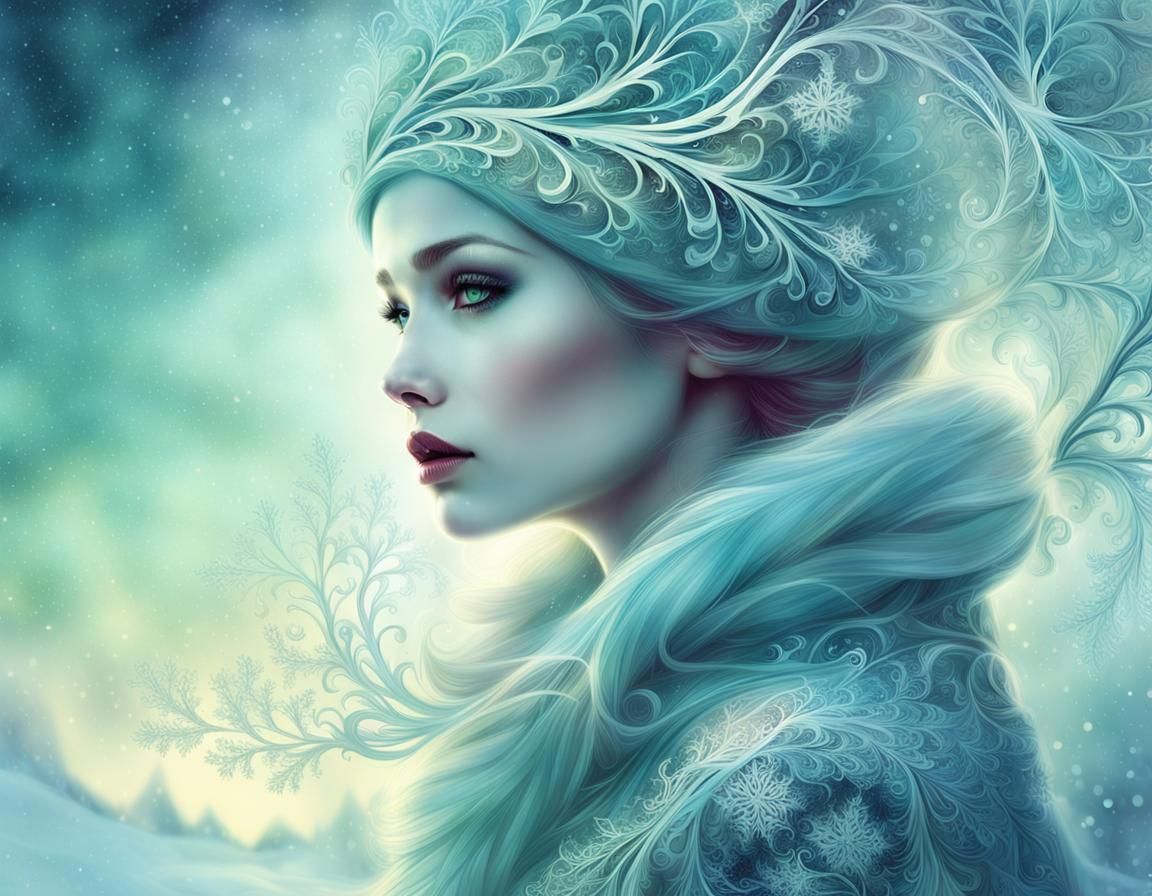 Winter Woman with Auroras and Fractal Filigree