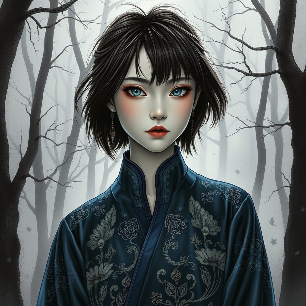 Regal Chinese Princess in Haunting Charcoal Drawing