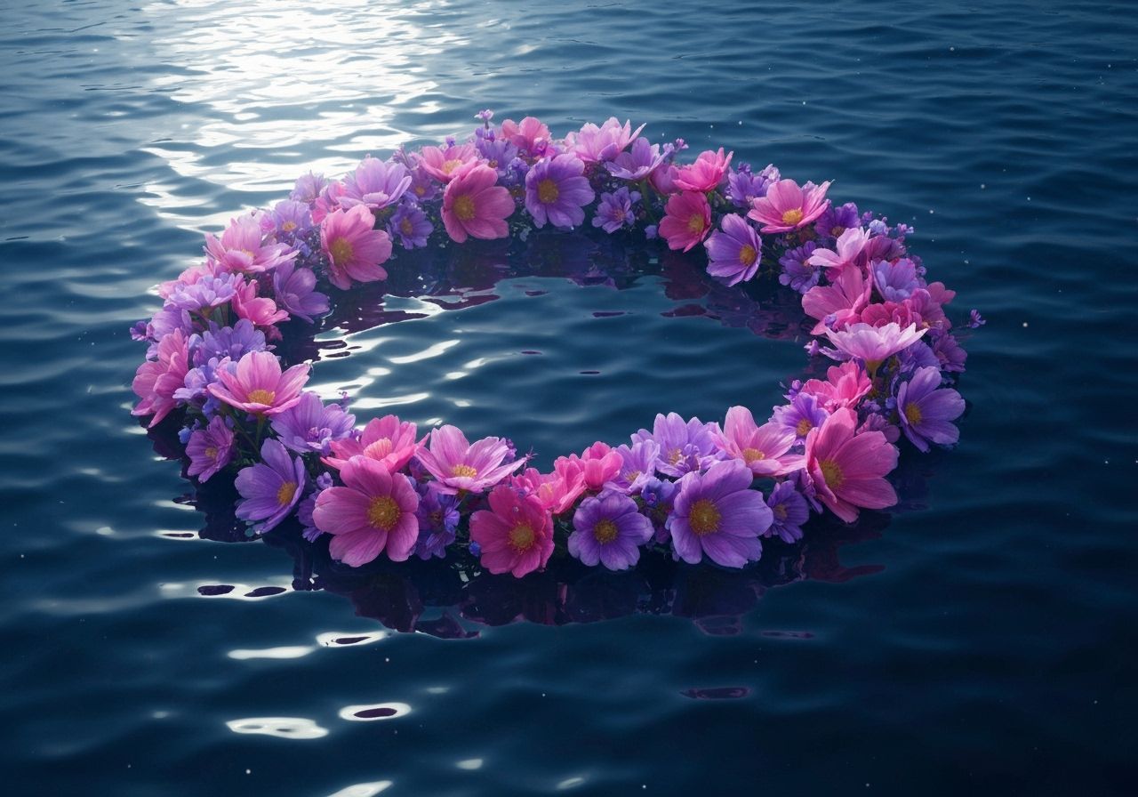 Dreamy Wreath of Pink and Purple Flowers on Water