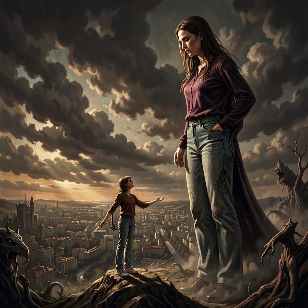 Giant Woman Looks Down on Friend in Epic Fantasy Art