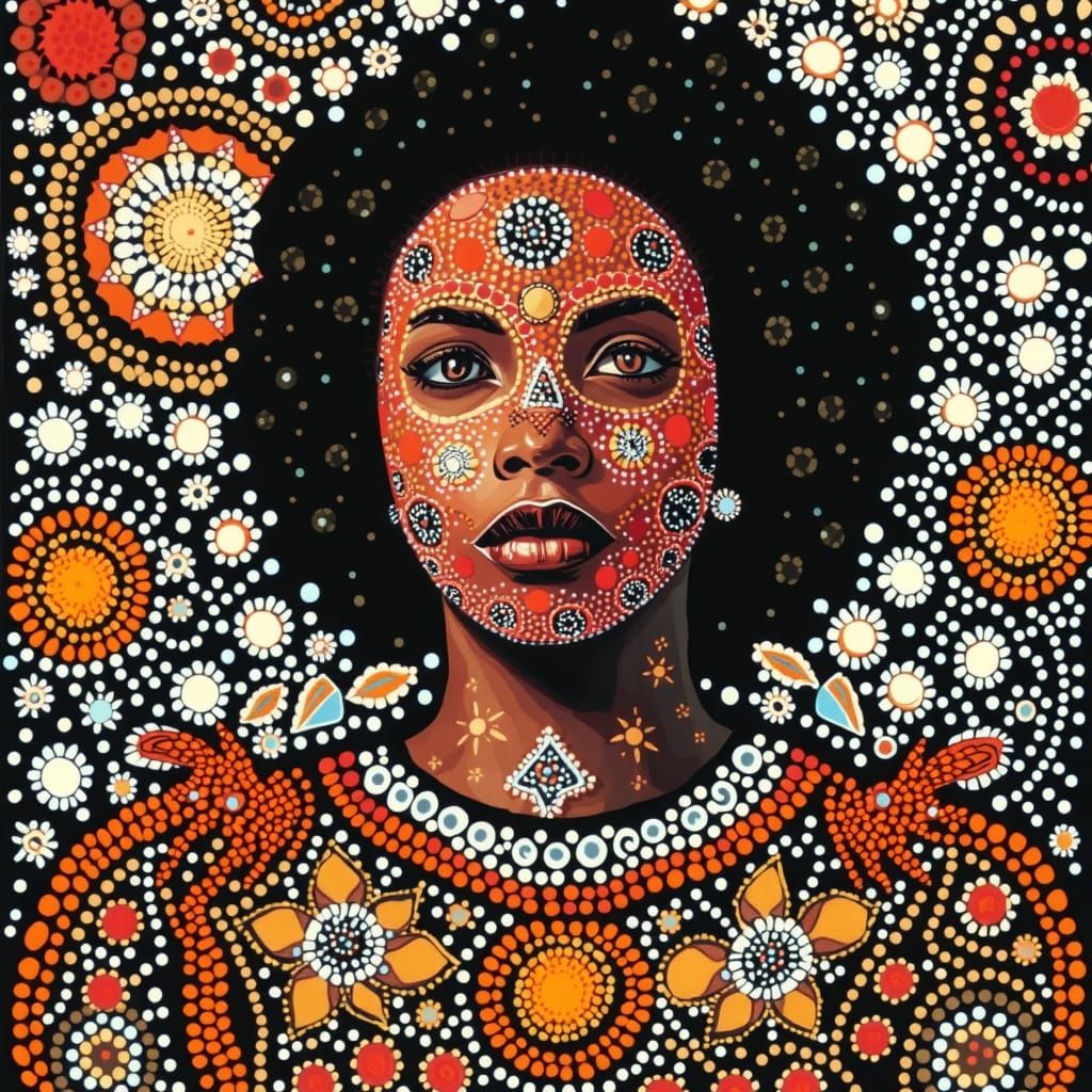Wandjina Style Portrait with Cosmic Fractal Patterns
