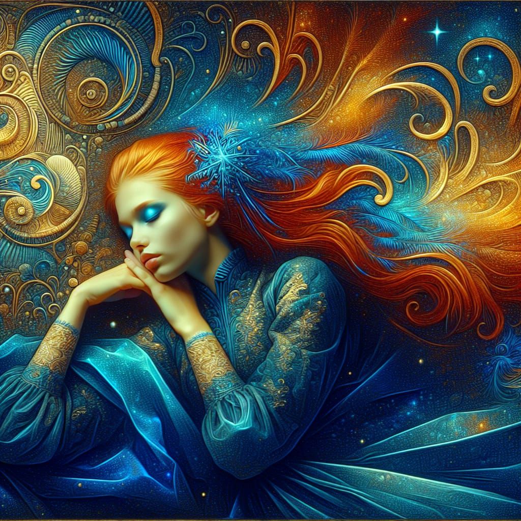 Modern Noir Painting of Sleeping Redhead