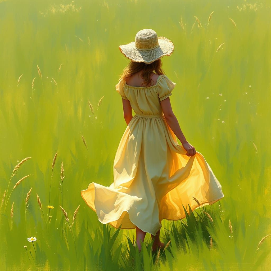 Country Maiden in Impressionist Meadow