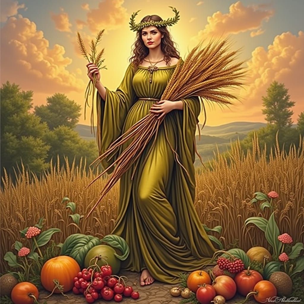A Harvest Goddess holding maize & wheat & barley, surrounded...