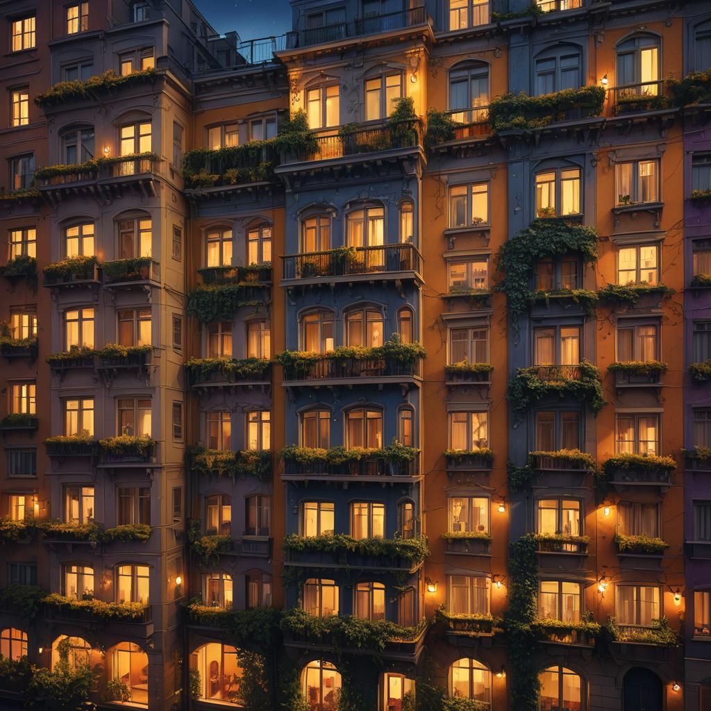 Night Apartments with Golden Lights: Fantasy Concept Art