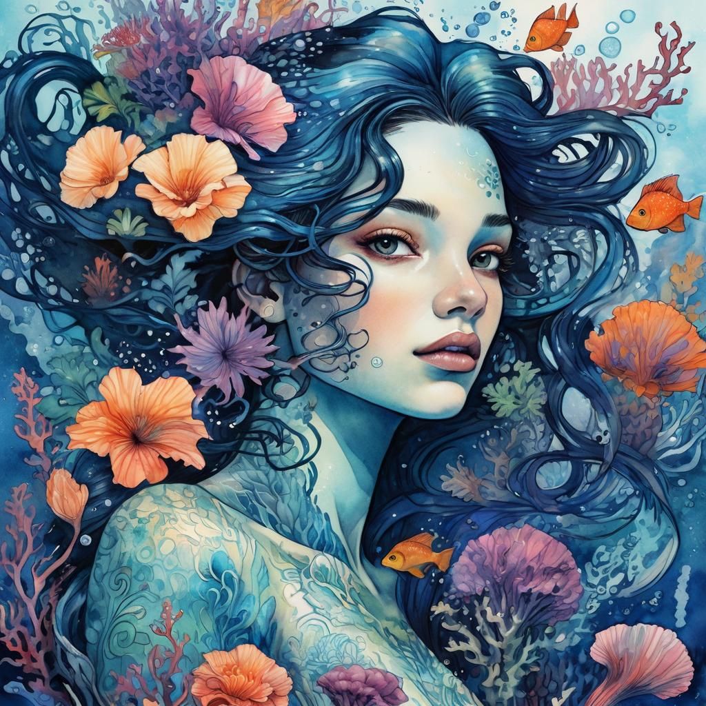Mermaid in Underwater Coral Garden: Watercolor and Ink