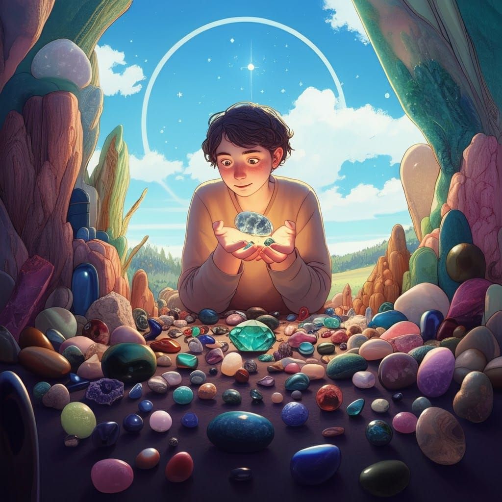 Collecting Gemstones in a Dreamlike Landscape