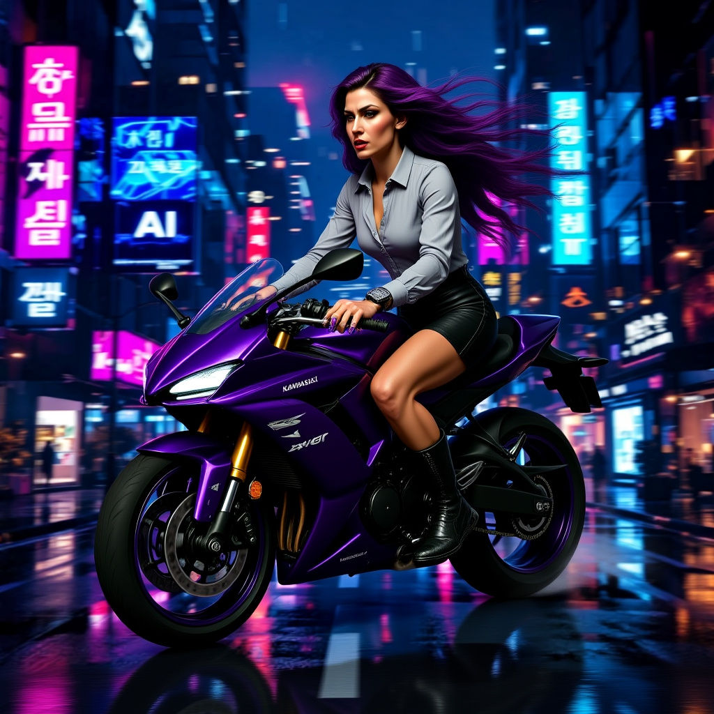 Futuristic Korean City Street at Night in Cyberpunk Style