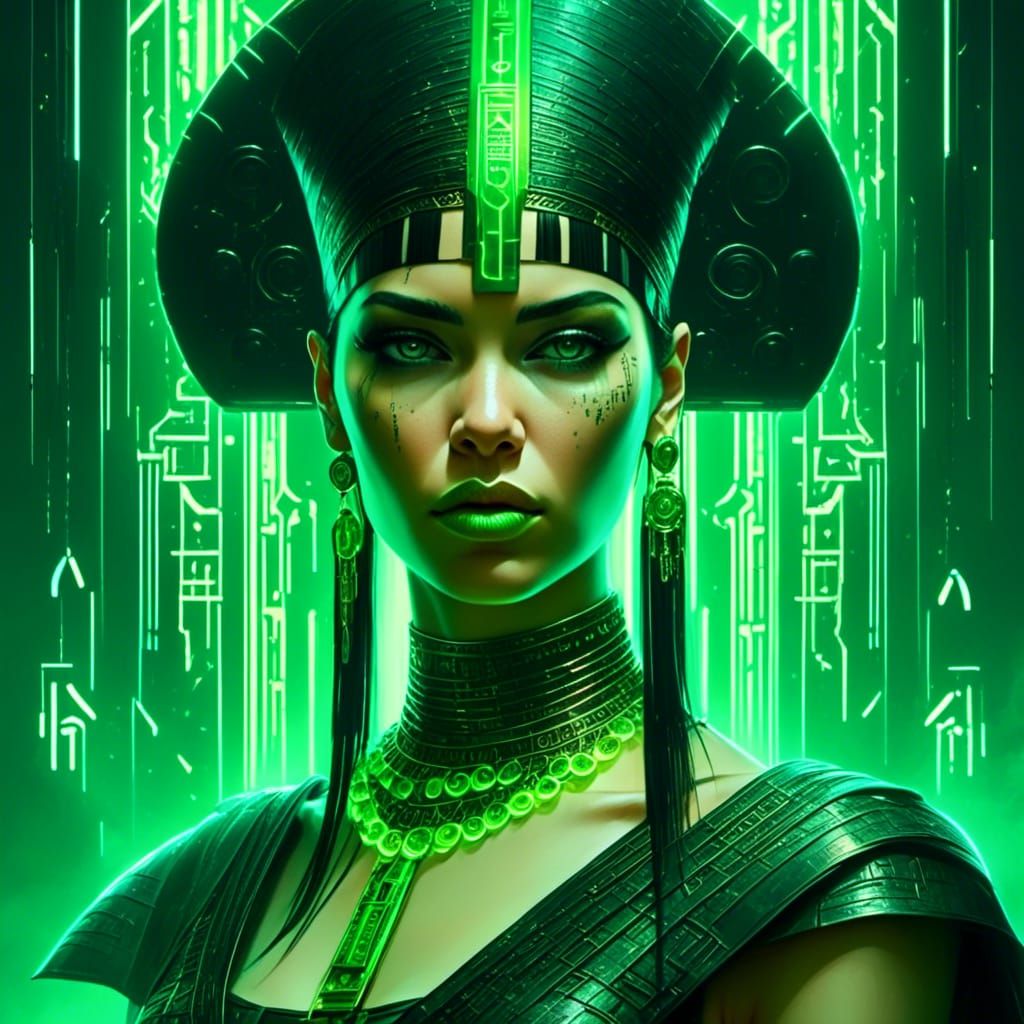 Cleopatra in Matrix Style with Neon Hieroglyphs